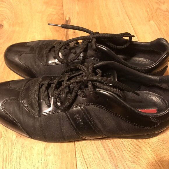 PRADA BLACK LEATHER AND NYLON WOMEN SNEAKERS WITH LACES 38 - Picture 1 of 12
